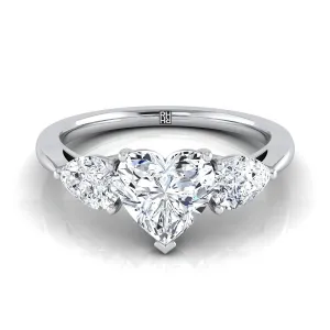 14K White Gold Heart Shape Center Diamond Perfectly Matched Pear Shaped Three Diamond Engagement Ring -7/8ctw