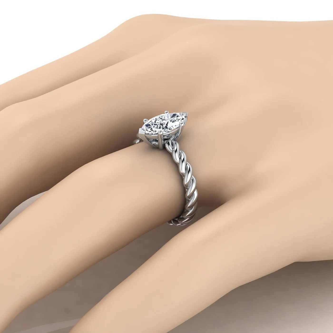 14K White Gold Marquise   Twisted Rope Braid Solitaire Band