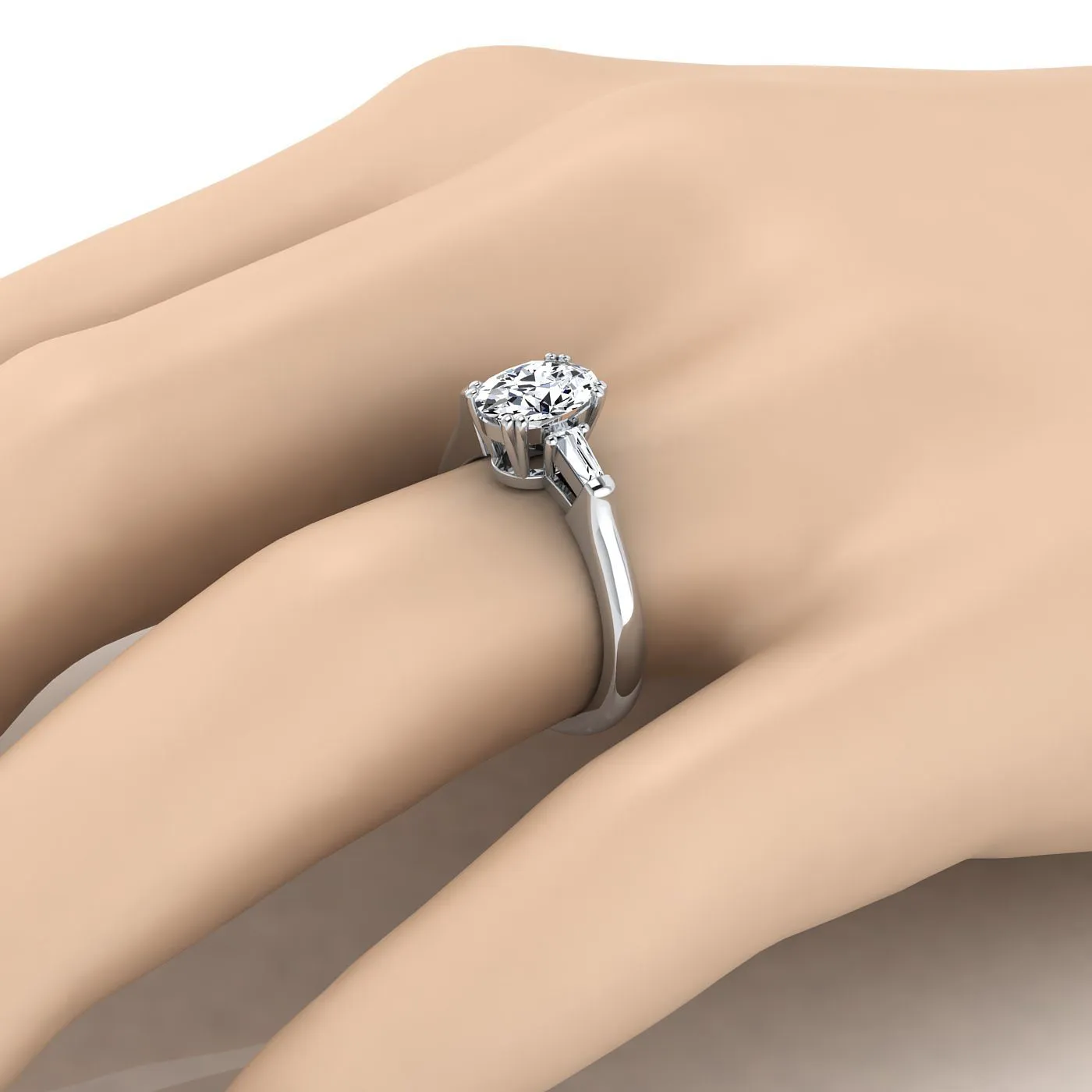 14K White Gold Oval Diamond Tapered Baguette Engagement Ring -1/4ctw