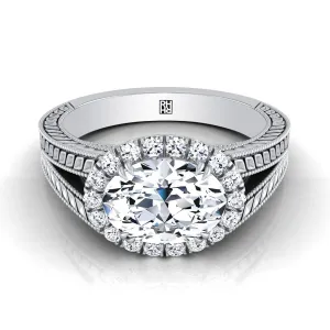 14K White Gold Oval Vintage Inspired Wheat Split Shank Diamond Halo Engagement Ring
