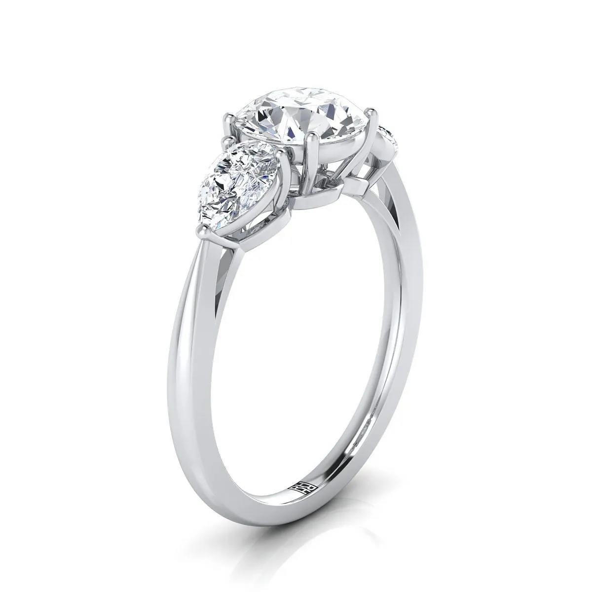14K White Gold Round Brilliant Diamond Perfectly Matched Pear Shaped Three Diamond Engagement Ring -7/8ctw
