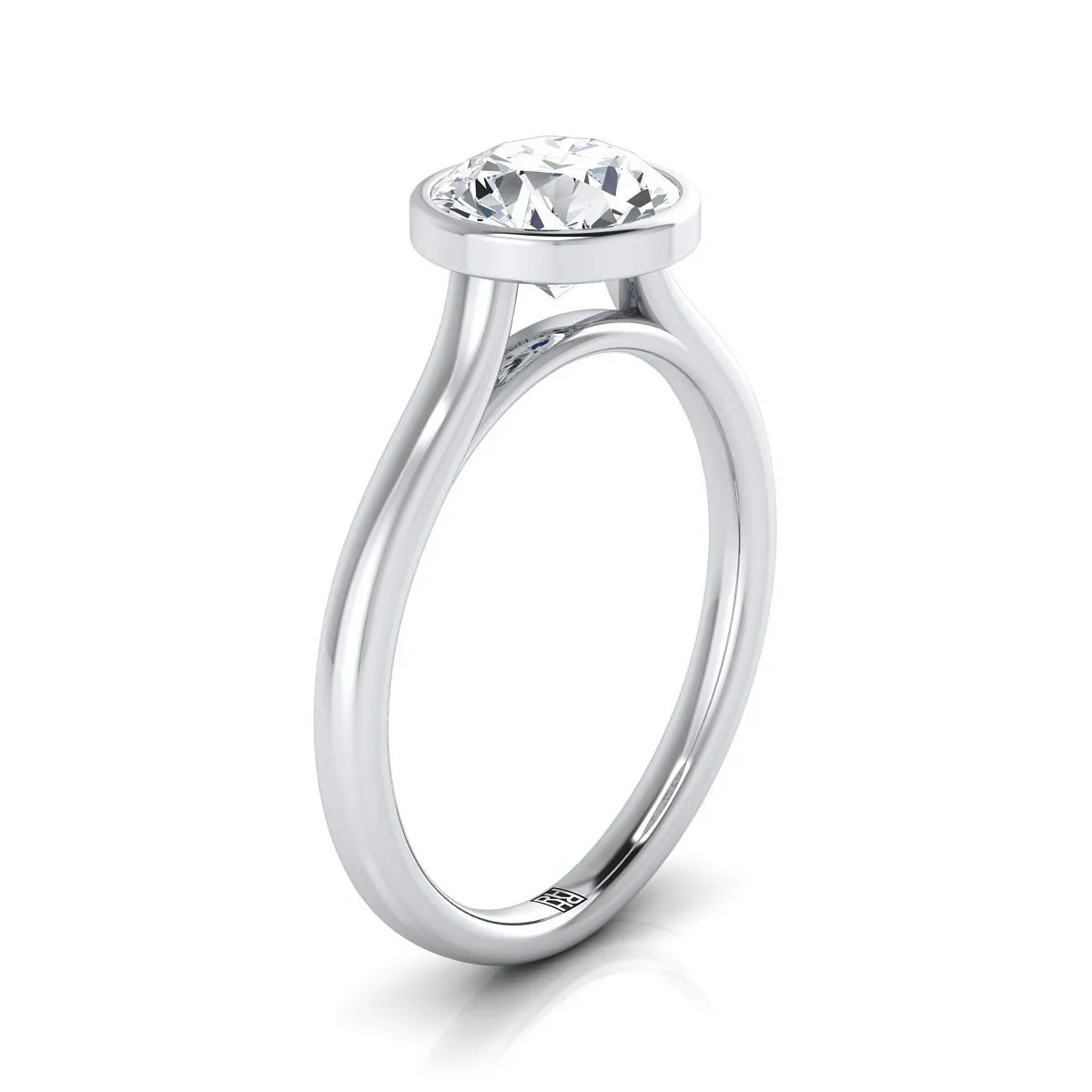 14K White Gold Round Brilliant  Simple Bezel Solitaire Engagement Ring