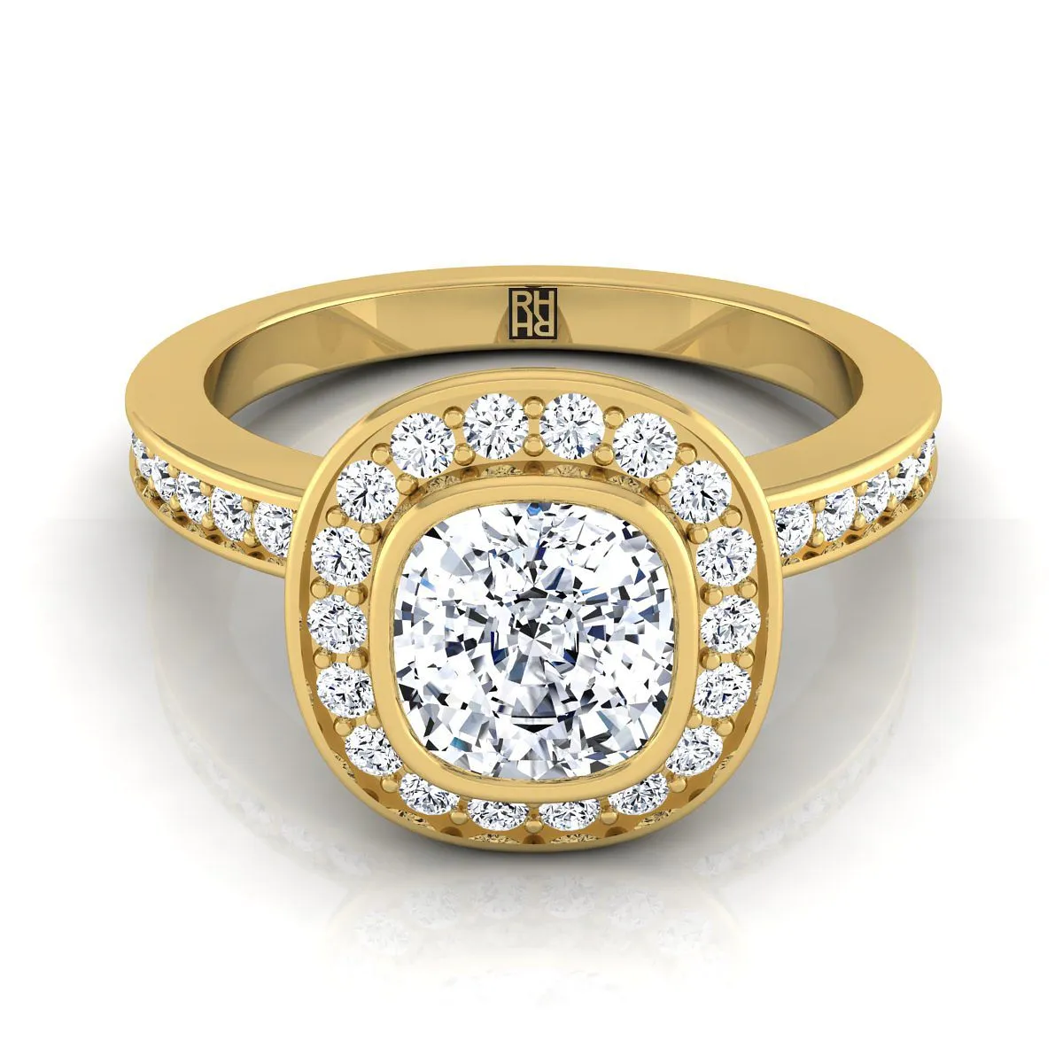 14K Yellow Gold Cushion Diamond Matching Halo and Channel Band Engagement Ring -3/8ctw