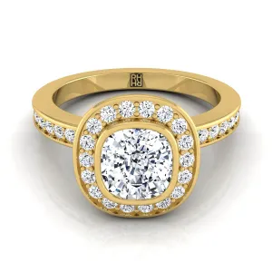 14K Yellow Gold Cushion Diamond Matching Halo and Channel Band Engagement Ring -3/8ctw