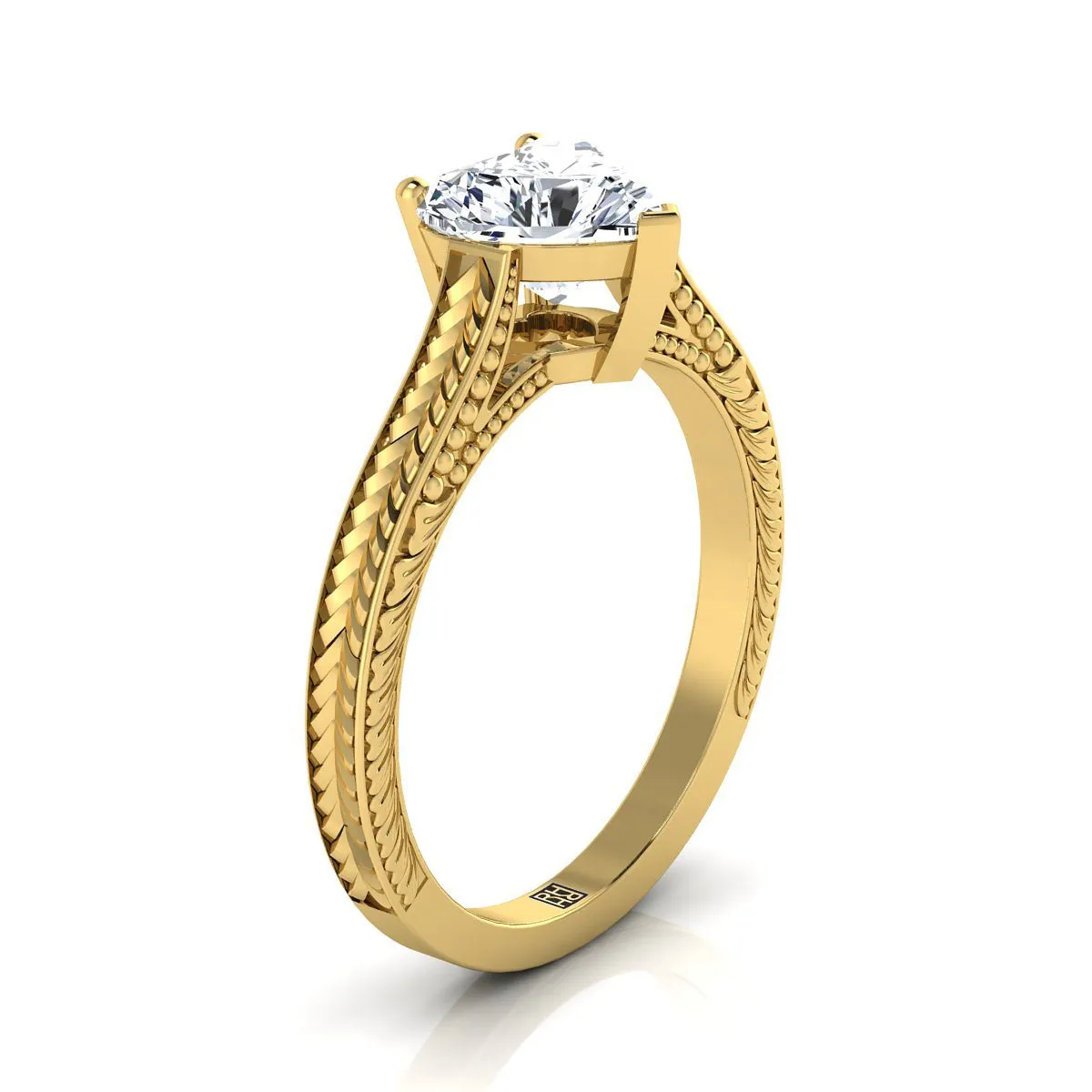 14K Yellow Gold Heart Shape Center  Hand Engraved Vintage Cathedral Style Solitaire Engagement Ring