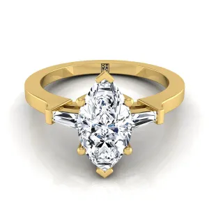 14K Yellow Gold Marquise  Diamond Tapered Baguette Accent Engagement Ring -1/4ctw