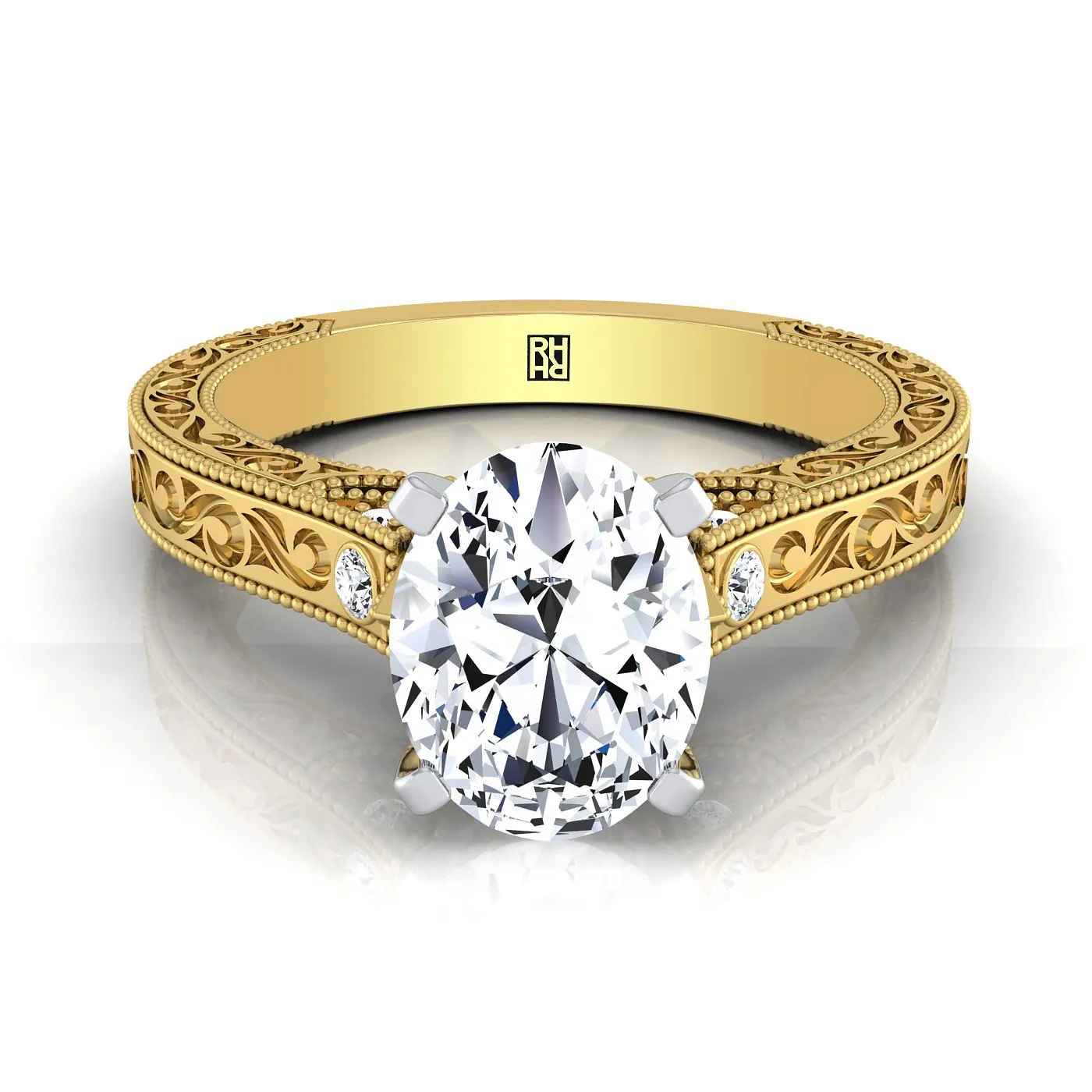 14K Yellow Gold Oval Delicate Diamond Accented Antique Hand Engraved Engagement Ring -1/10ctw