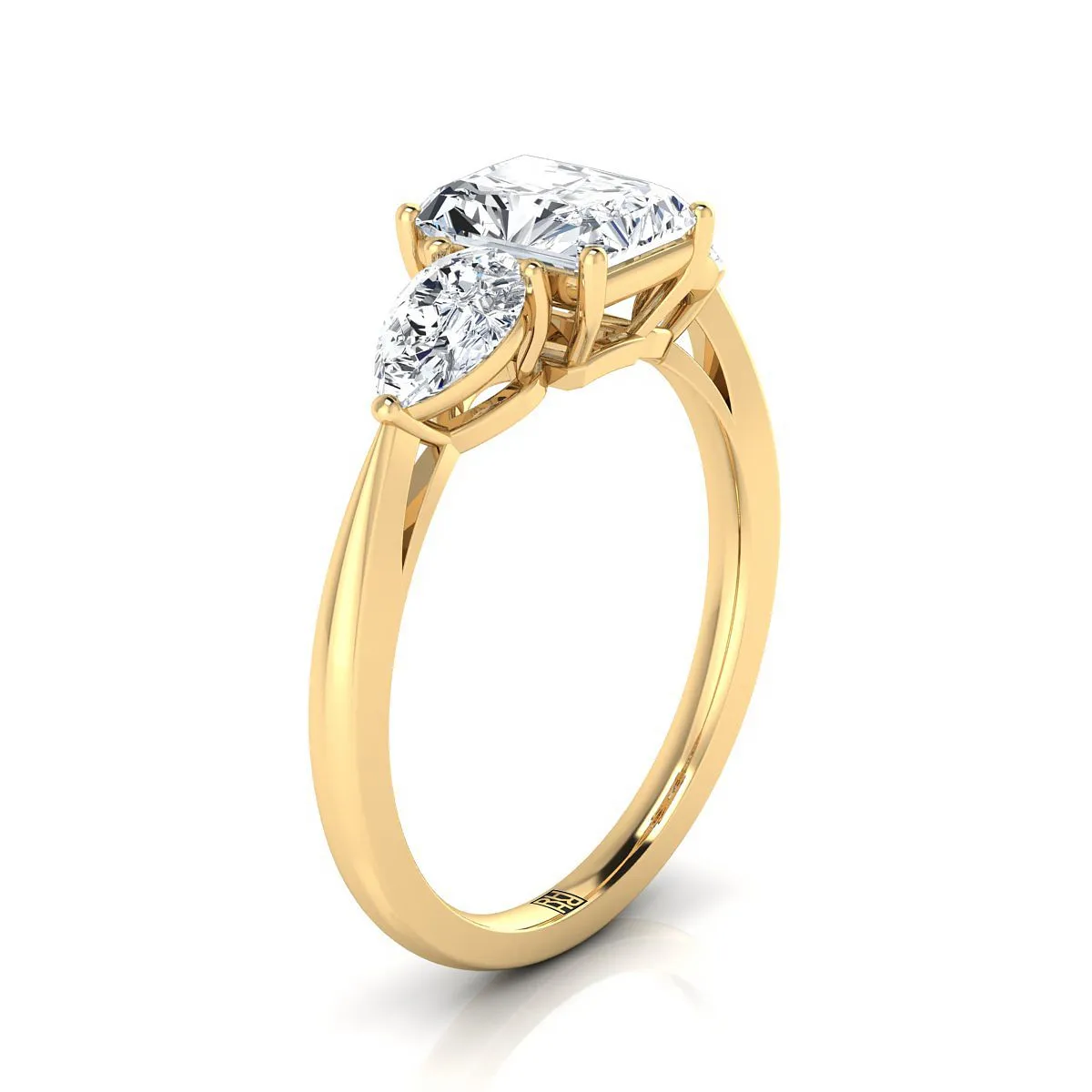 14K Yellow Gold Radiant Cut Center Diamond Perfectly Matched Pear Shaped Three Diamond Engagement Ring -7/8ctw