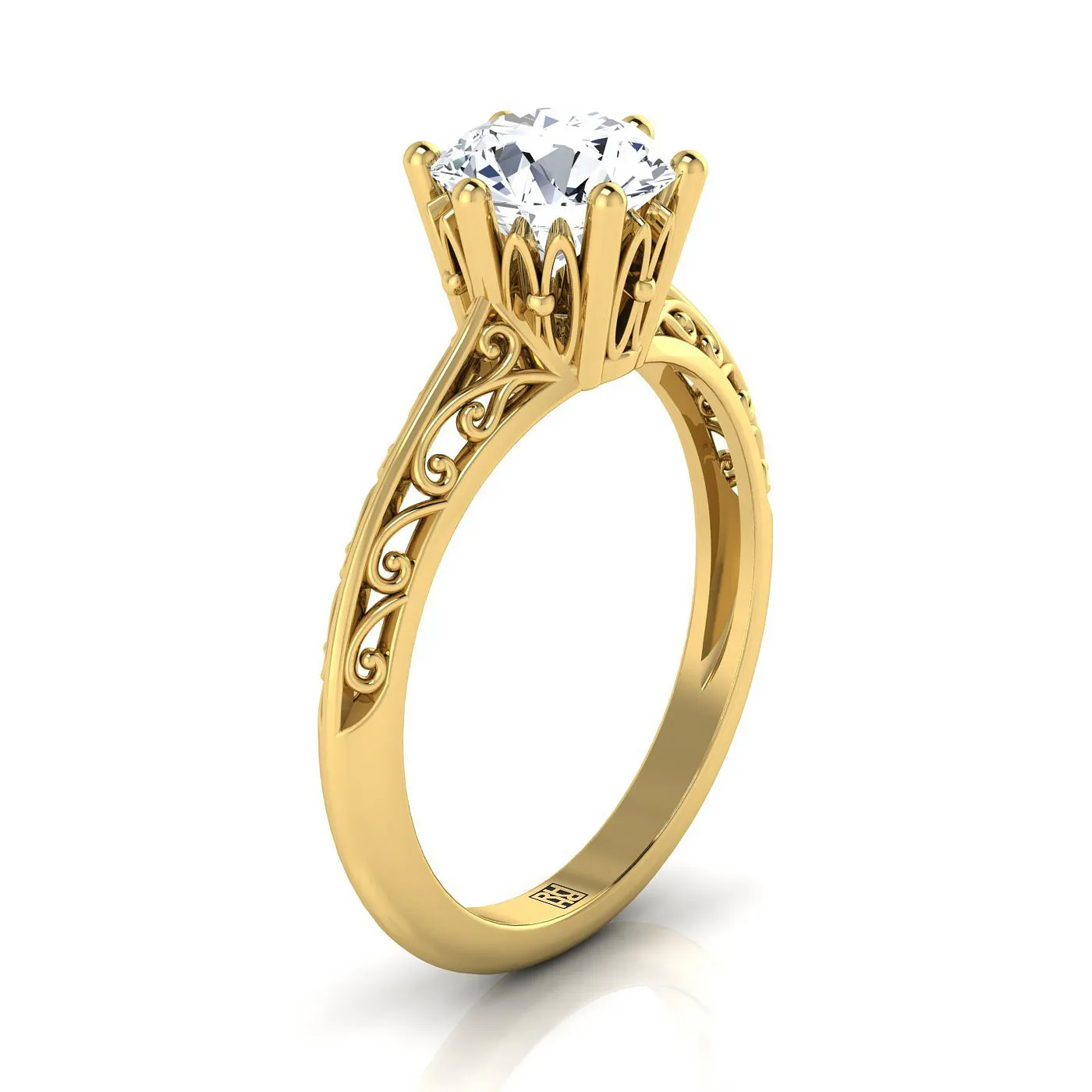 14K Yellow Gold Round Brilliant  Delicate Vintage Scroll Cut Out Solitaire Engagement Ring