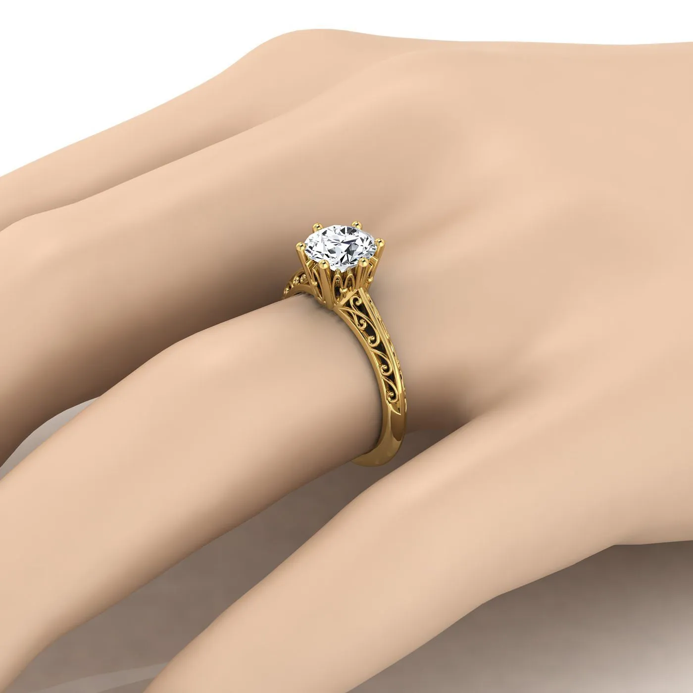 14K Yellow Gold Round Brilliant  Delicate Vintage Scroll Cut Out Solitaire Engagement Ring