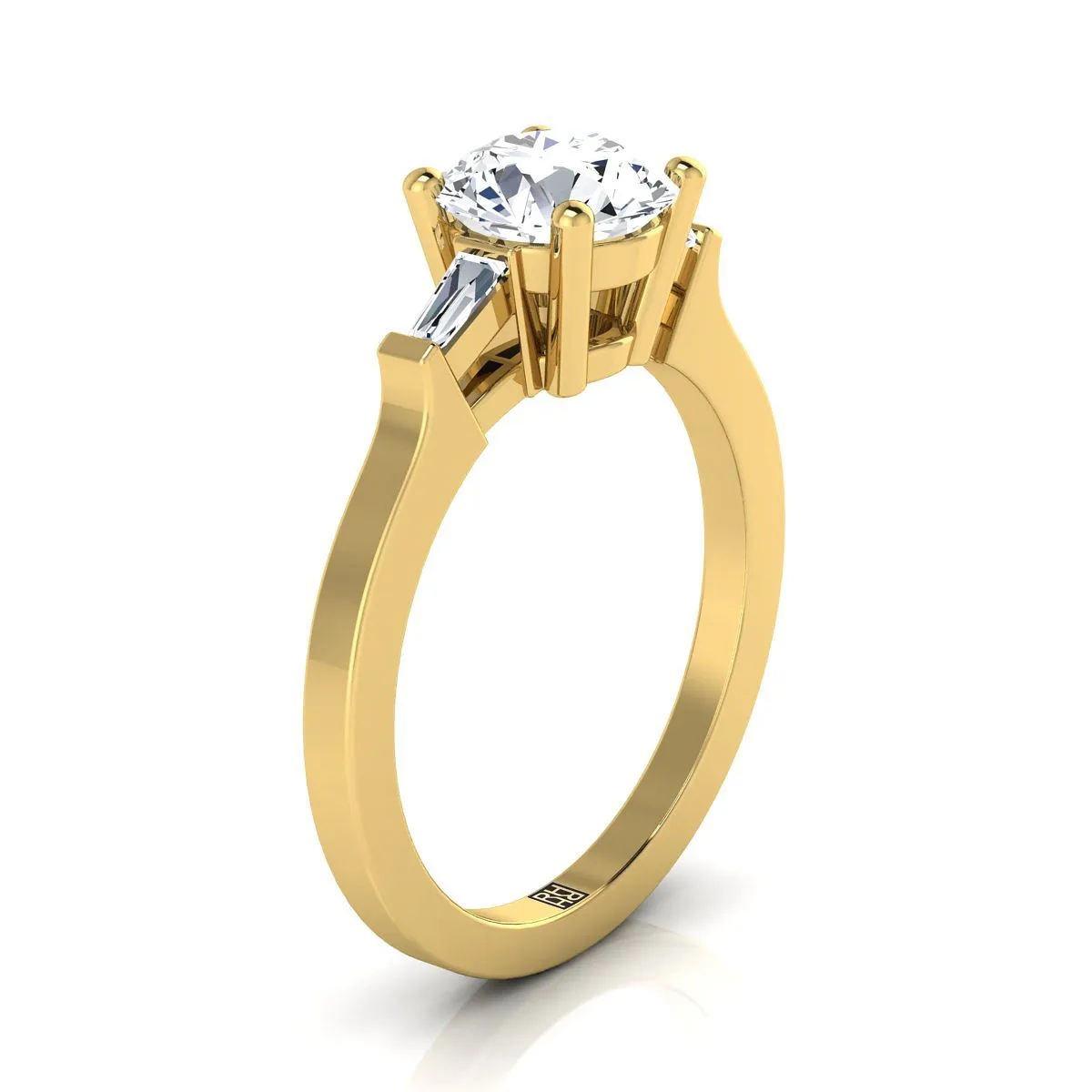14K Yellow Gold Round Brilliant Diamond Tapered Baguette Accent Engagement Ring -1/4ctw