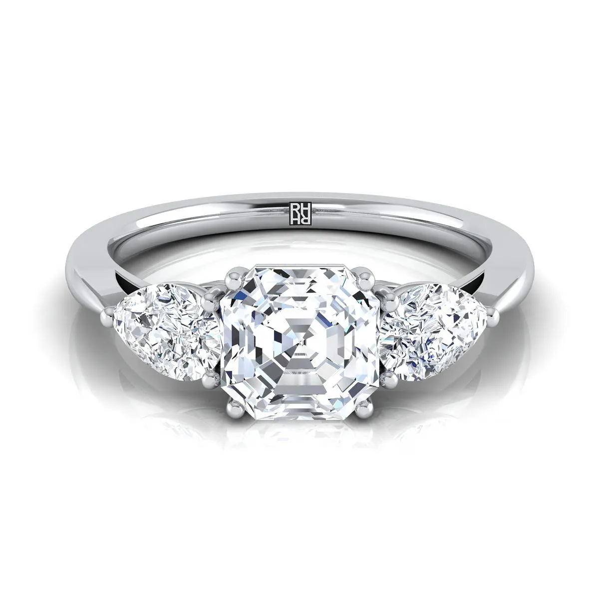 18K White Gold Asscher Cut Diamond Perfectly Matched Pear Shaped Three Diamond Engagement Ring -7/8ctw