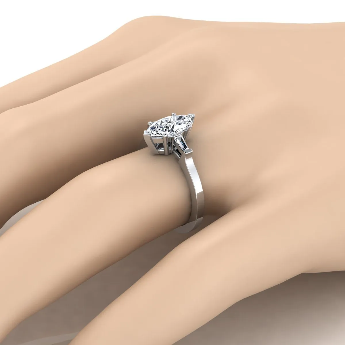 18K White Gold Marquise  Diamond Tapered Baguette Accent Engagement Ring -1/4ctw