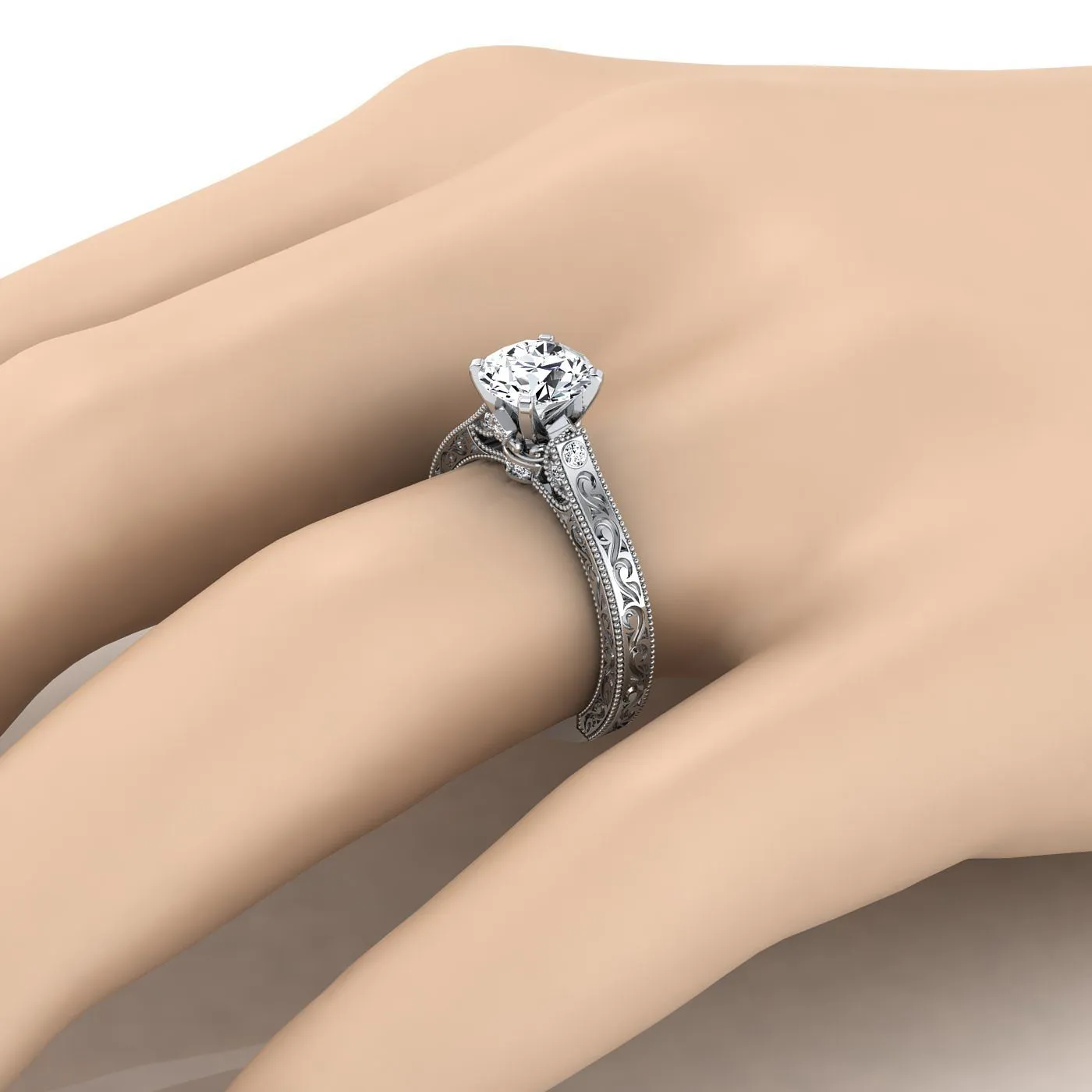 18K White Gold Round Brilliant Delicate Diamond Accented Antique Hand Engraved Engagement Ring -1/10ctw