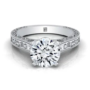 18K White Gold Round Brilliant Delicate Diamond Accented Antique Hand Engraved Engagement Ring -1/10ctw