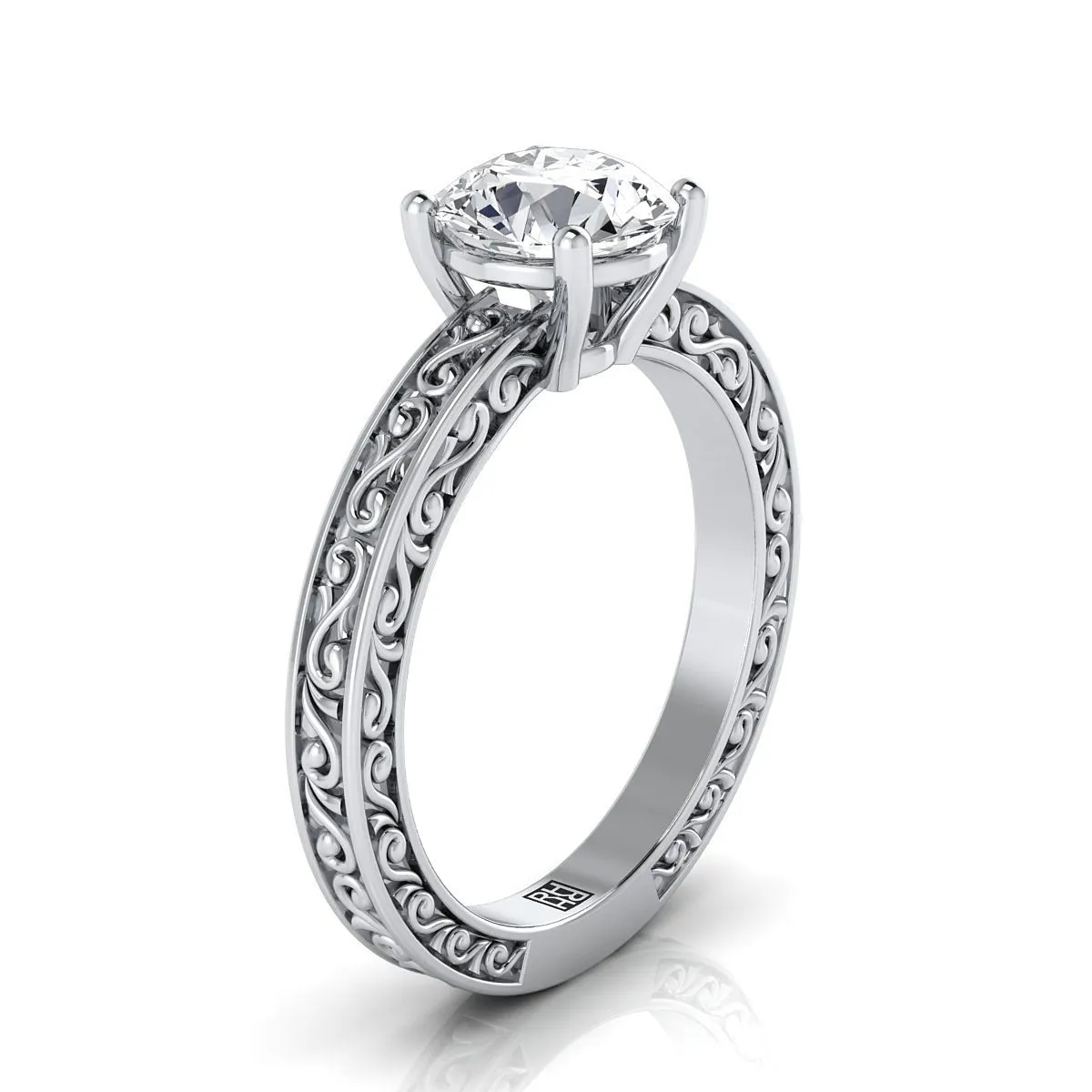 18K White Gold Round Brilliant Hand Engraved Scroll Vintage Solitaire Engagement Ring