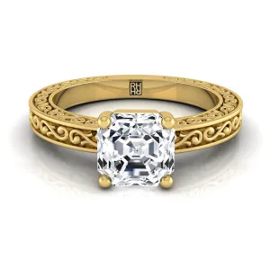 18K Yellow Gold Asscher Cut Hand Engraved Scroll Vintage Solitaire Engagement Ring