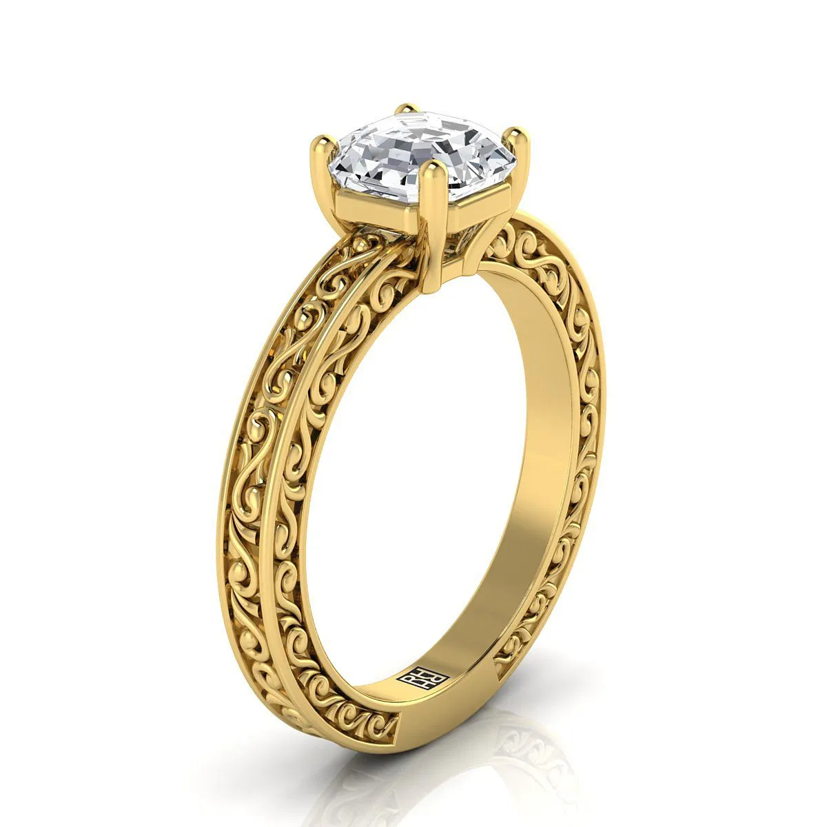 18K Yellow Gold Asscher Cut Hand Engraved Scroll Vintage Solitaire Engagement Ring