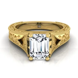 18K Yellow Gold Emerald Cut  Hand Engraved and Milgrain Vintage Solitaire Engagement Ring