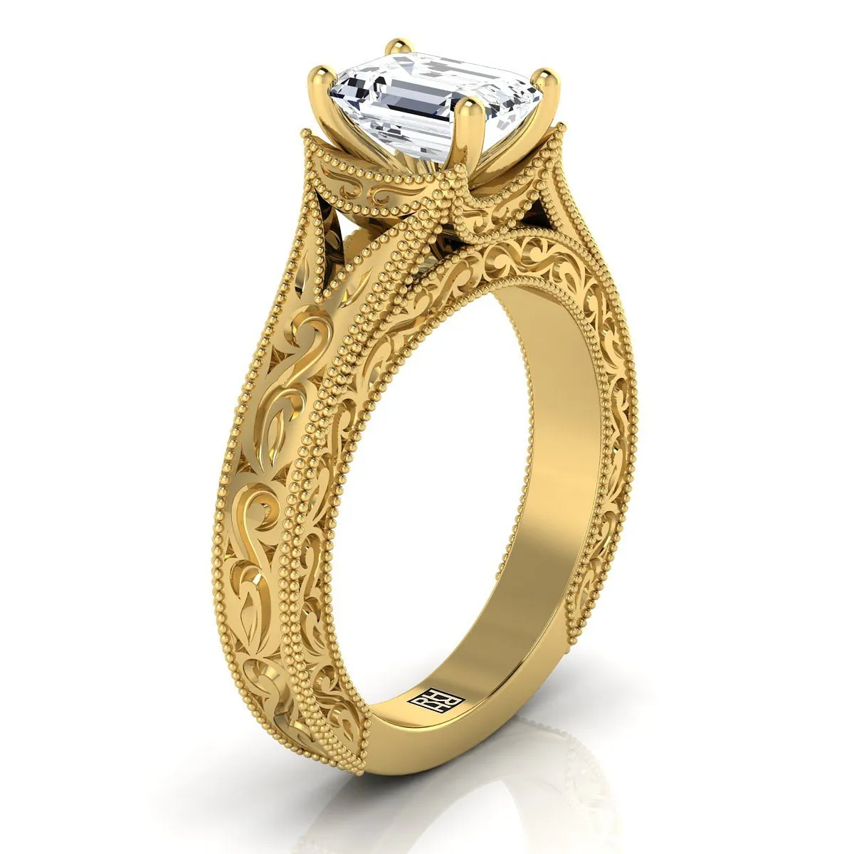 18K Yellow Gold Emerald Cut  Hand Engraved and Milgrain Vintage Solitaire Engagement Ring