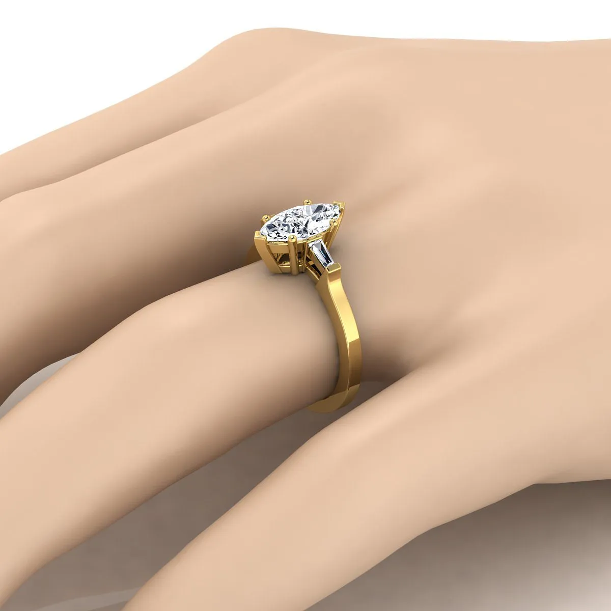 18K Yellow Gold Marquise  Diamond Tapered Baguette Accent Engagement Ring -1/4ctw