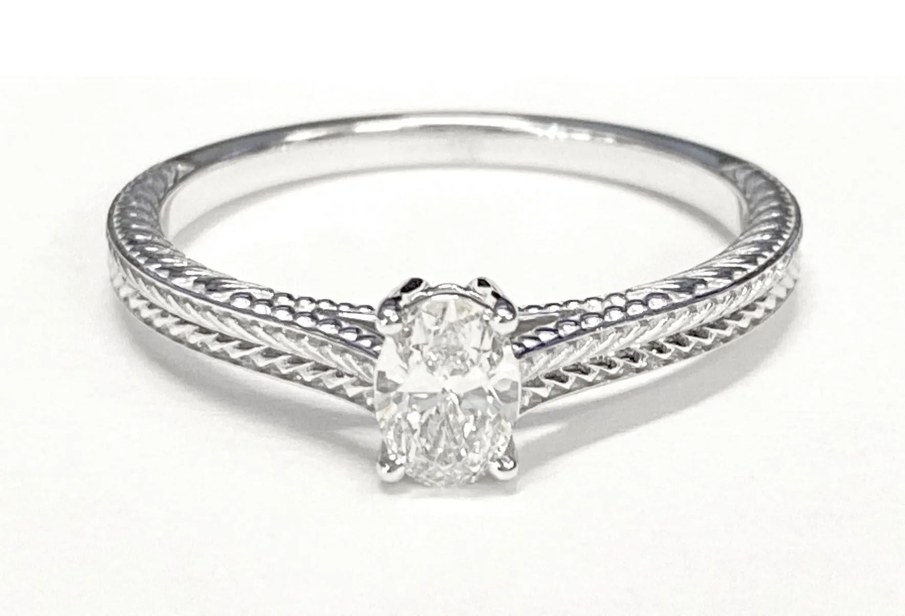 18K Yellow Gold Oval  Hand Engraved Vintage Cathedral Style Solitaire Engagement Ring