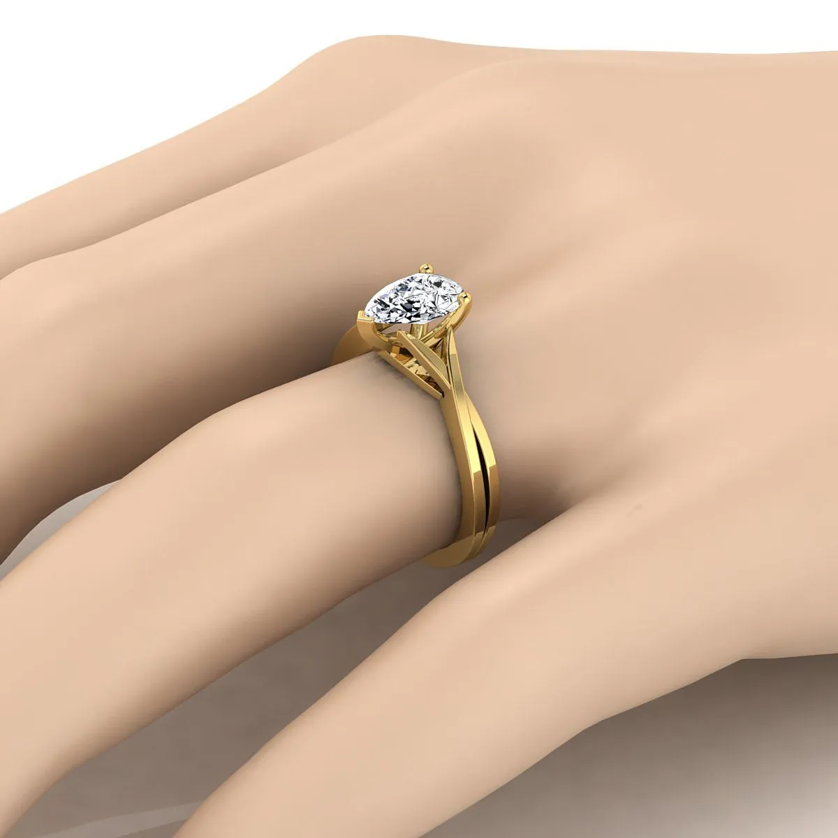18K Yellow Gold Pear Shape Center Delicate Twist Solitaire Engagement Ring