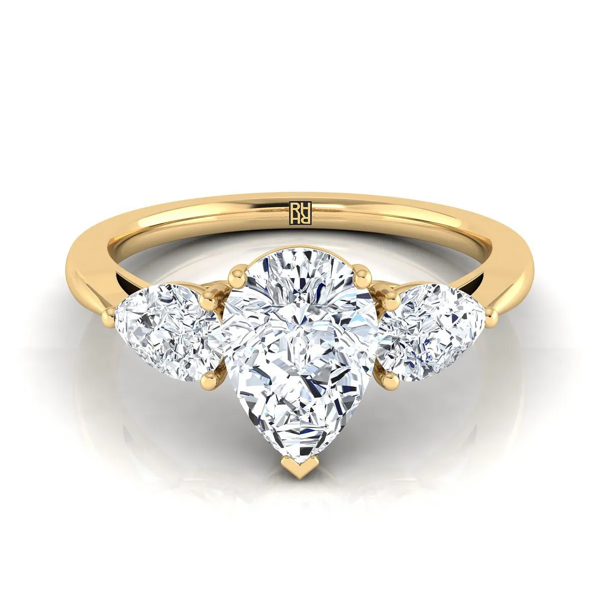 18K Yellow Gold Pear Shape Center Diamond Perfectly Matched Pear Shaped Three Diamond Engagement Ring -7/8ctw