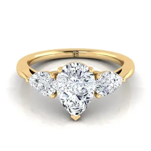 18K Yellow Gold Pear Shape Center Diamond Perfectly Matched Pear Shaped Three Diamond Engagement Ring -7/8ctw