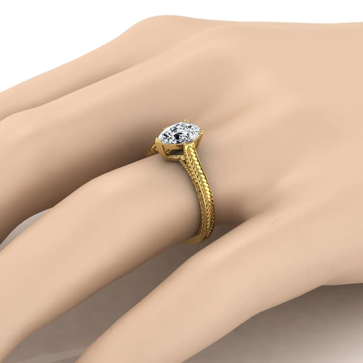 18K Yellow Gold Pear Shape Center  Hand Engraved Vintage Cathedral Style Solitaire Engagement Ring