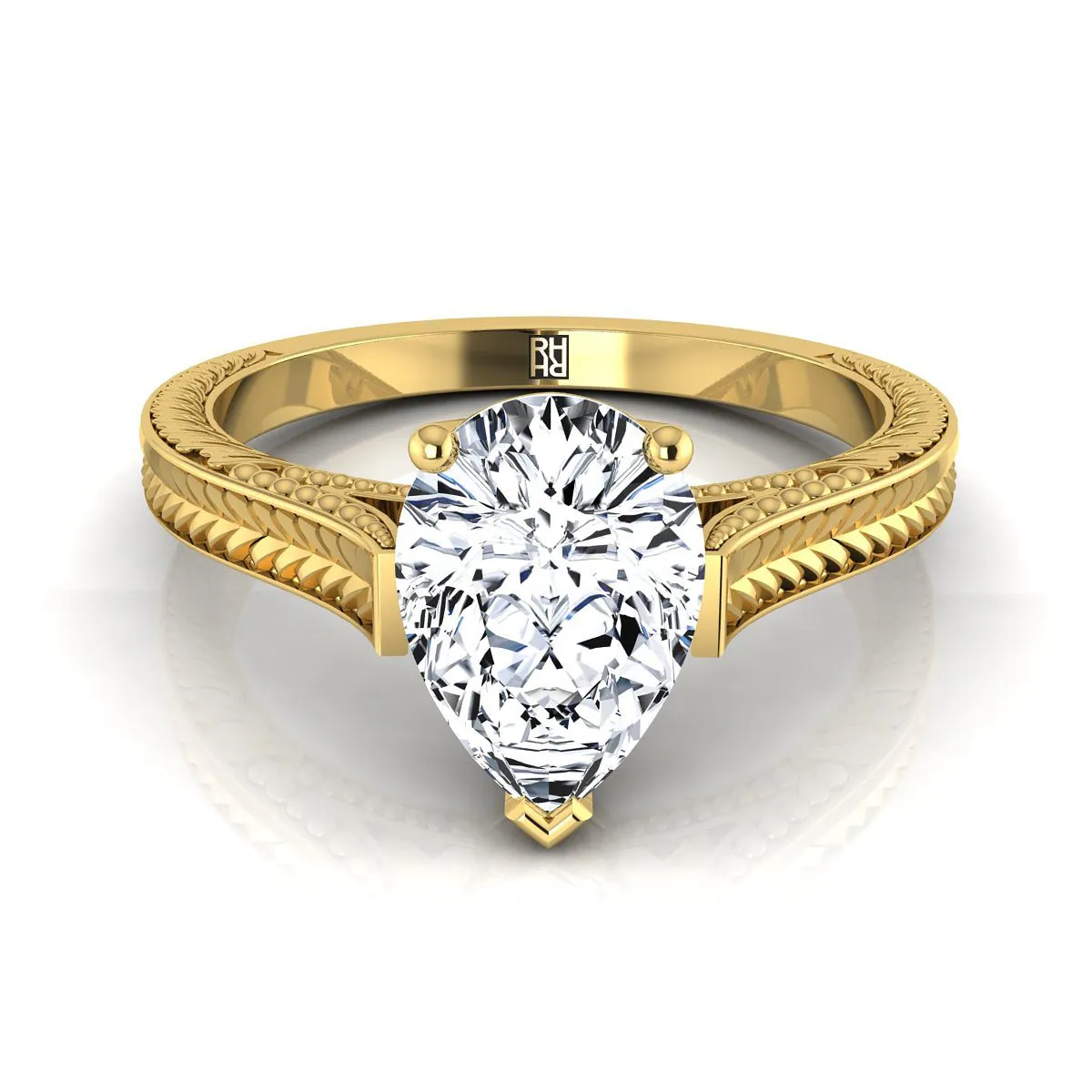 18K Yellow Gold Pear Shape Center  Hand Engraved Vintage Cathedral Style Solitaire Engagement Ring