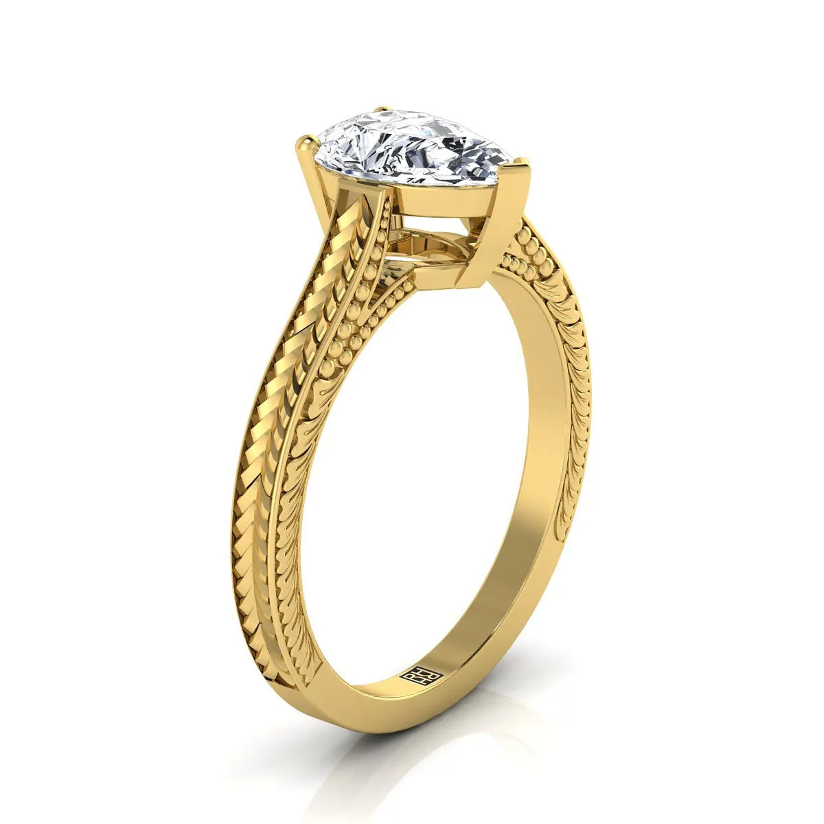 18K Yellow Gold Pear Shape Center  Hand Engraved Vintage Cathedral Style Solitaire Engagement Ring