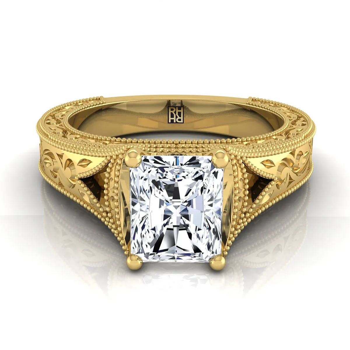 18K Yellow Gold Radiant Cut Center  Hand Engraved and Milgrain Vintage Solitaire Engagement Ring