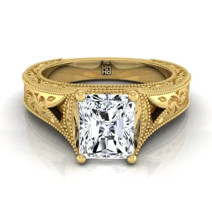 18K Yellow Gold Radiant Cut Center  Hand Engraved and Milgrain Vintage Solitaire Engagement Ring