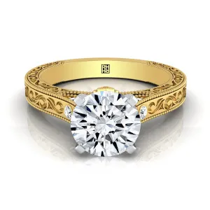 18K Yellow Gold Round Brilliant Delicate Diamond Accented Antique Hand Engraved Engagement Ring -1/10ctw