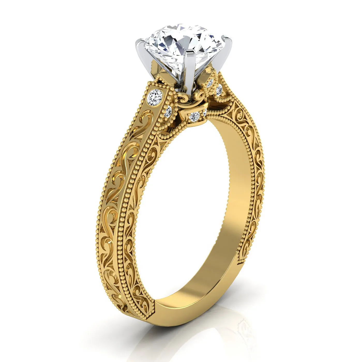 18K Yellow Gold Round Brilliant Delicate Diamond Accented Antique Hand Engraved Engagement Ring -1/10ctw