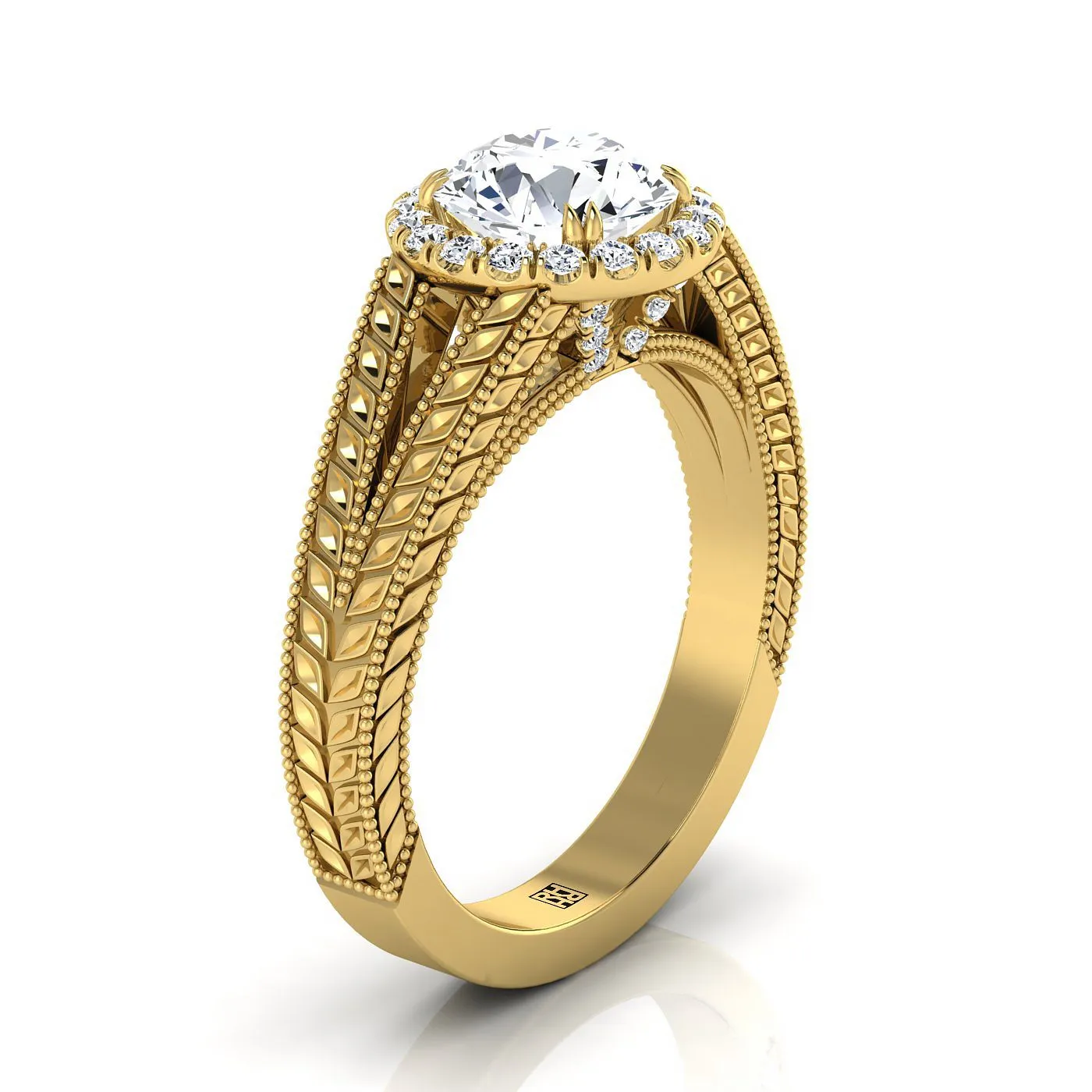 18K Yellow Gold Round Brilliant Vintage Inspired Wheat Split Shank Diamond Halo Engagement Ring