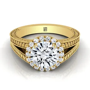 18K Yellow Gold Round Brilliant Vintage Inspired Wheat Split Shank Diamond Halo Engagement Ring