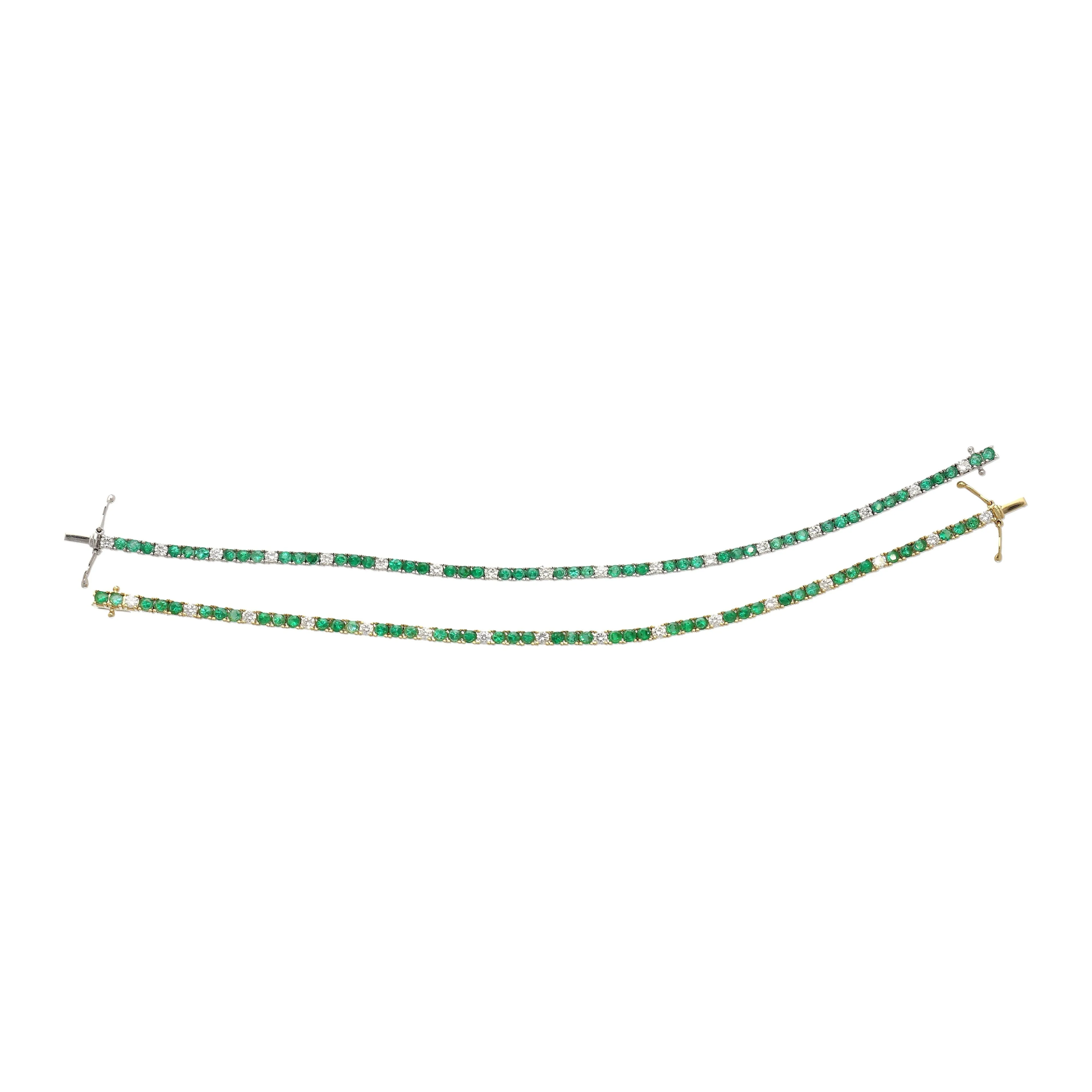 4.26 Carat Emerald and Diamond Tennis 4 Prong Bracelet In 14K Gold