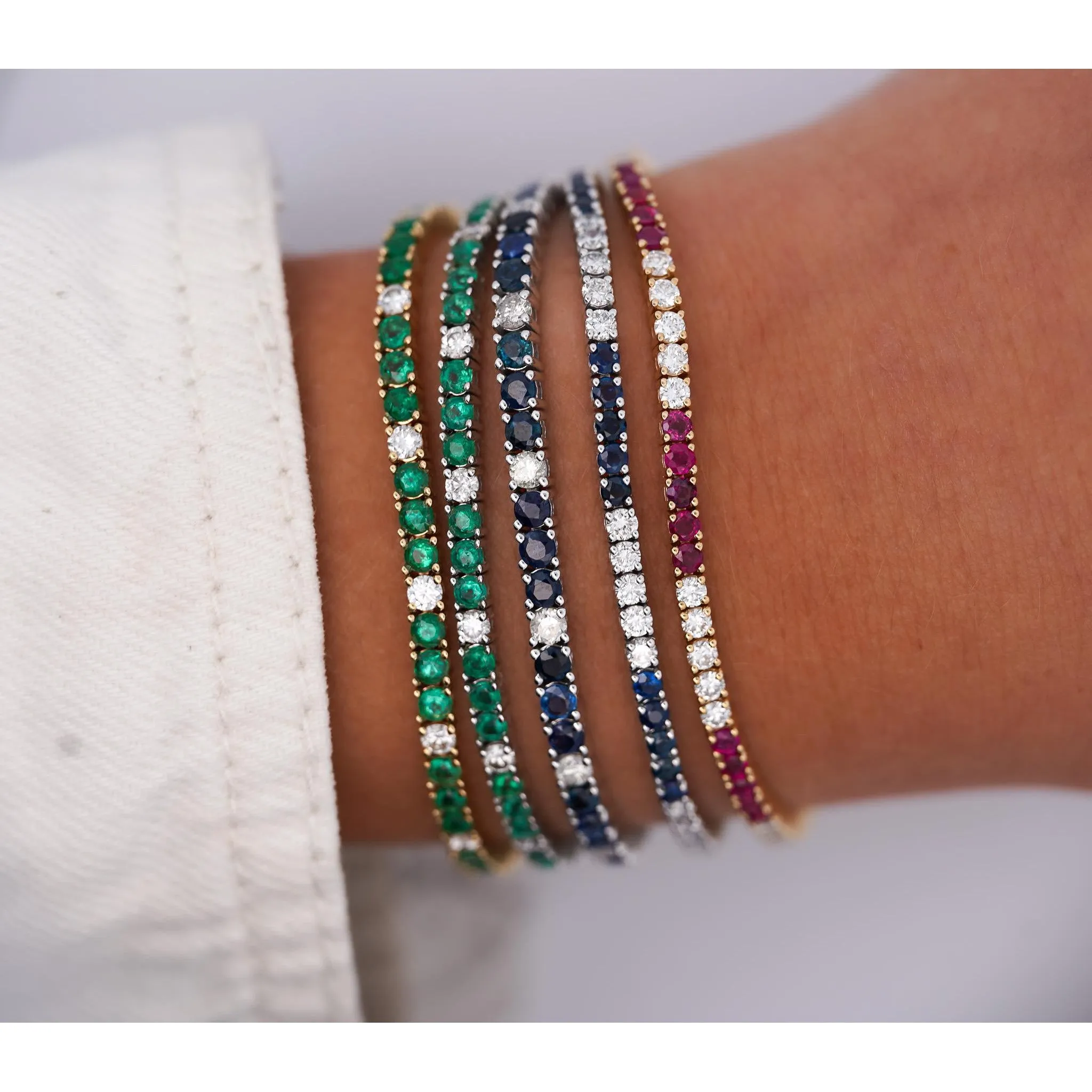 4.26 Carat Emerald and Diamond Tennis 4 Prong Bracelet In 14K Gold