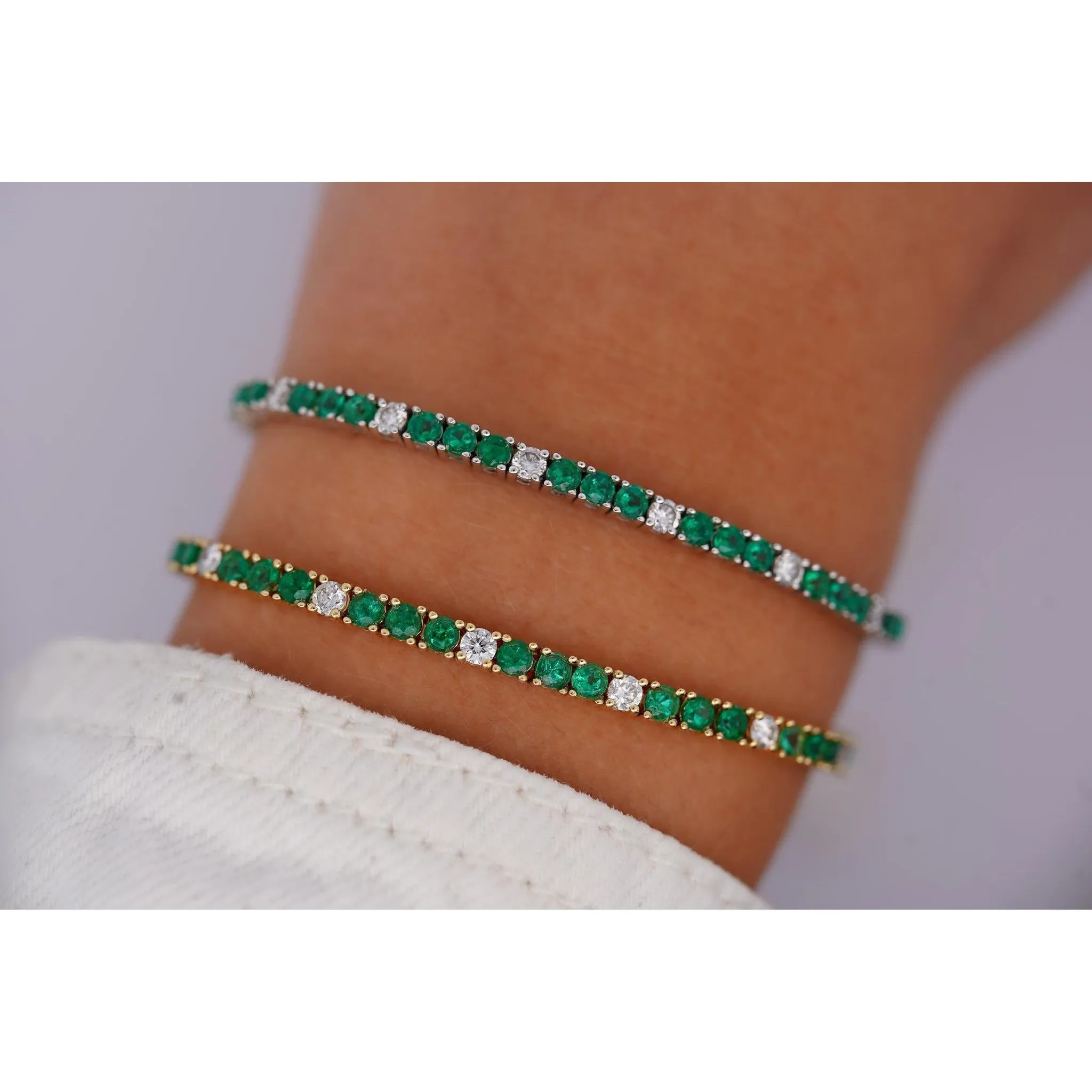 4.26 Carat Emerald and Diamond Tennis 4 Prong Bracelet In 14K Gold