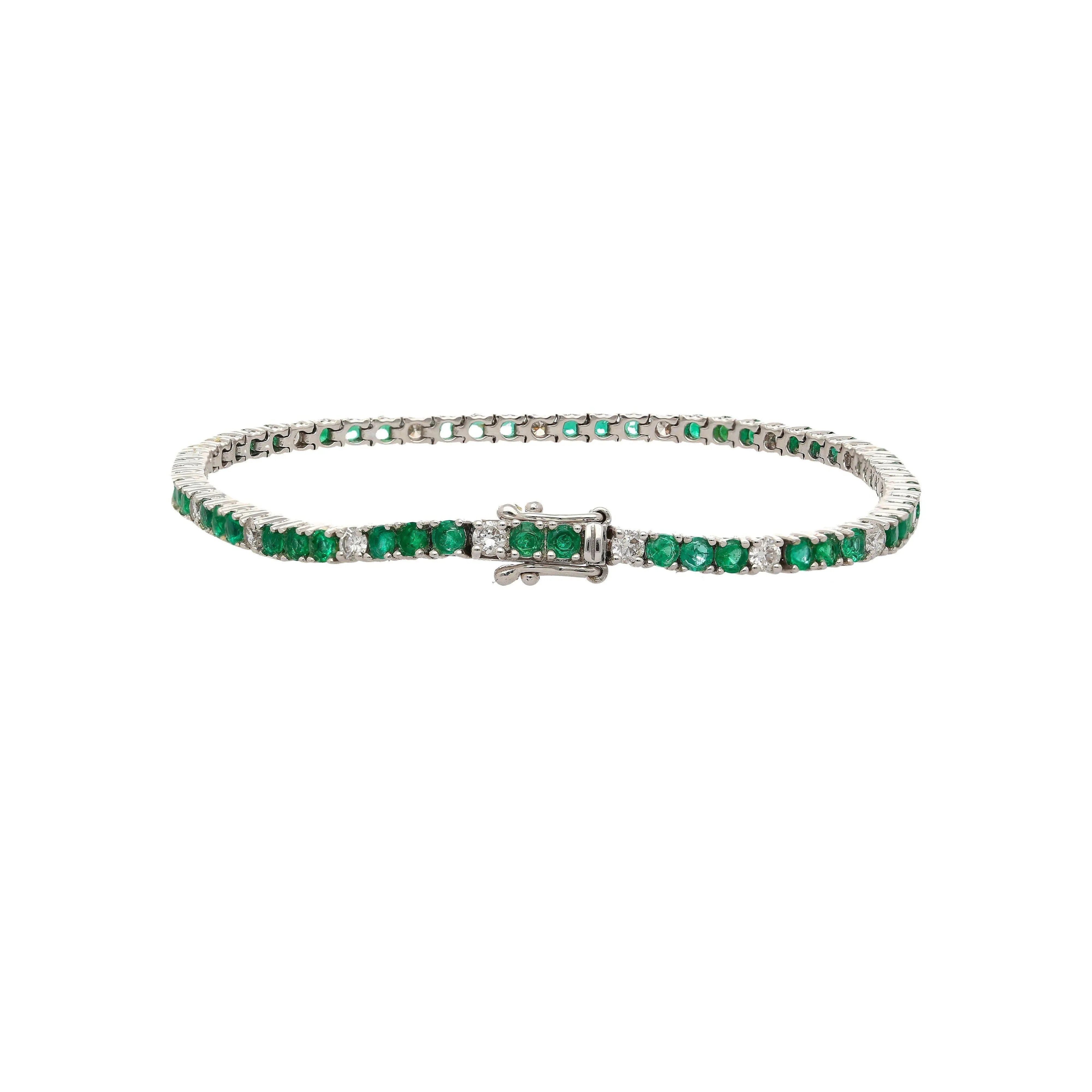4.26 Carat Emerald and Diamond Tennis 4 Prong Bracelet In 14K Gold