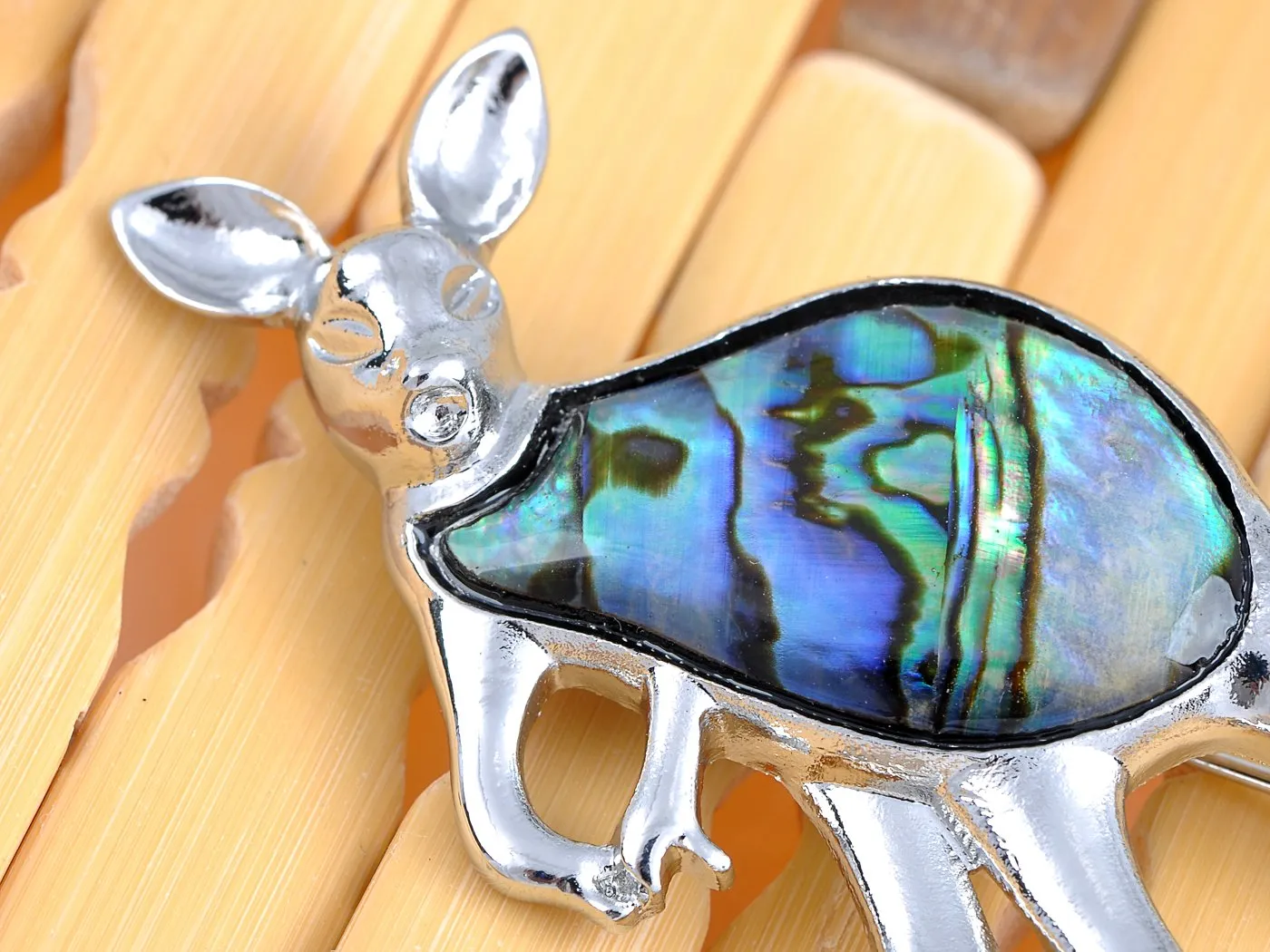 Alilang Silvery Tone Abalone Colored Stone Kangaroo Joey Brooch Pin