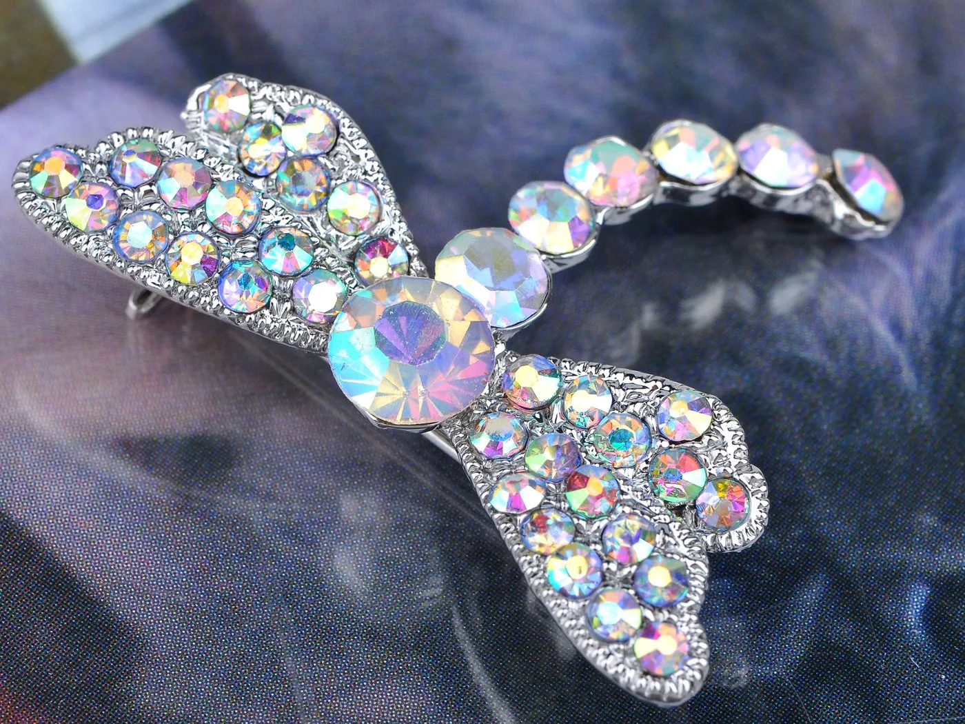 Alilang Silvery Tone Iridescent Rhinestones Dragonfly Insect Wings Brooch Pin