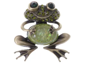 Alilang Smiley Frog Brooch Brass Tone Peridot Green Colored Rhinestones Animal Brooches Pin