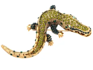 Alilang Yellow Golden Tone Green Rhinestones Alligator Crocodile Brooch Pin