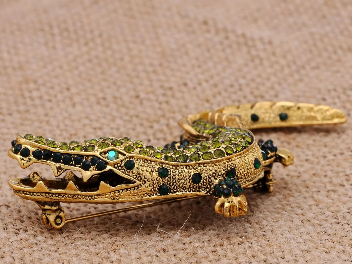 Alilang Yellow Golden Tone Green Rhinestones Alligator Crocodile Brooch Pin