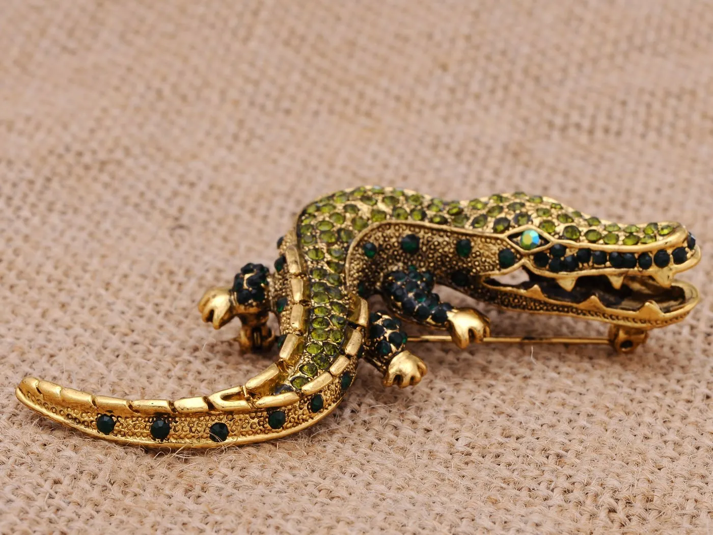Alilang Yellow Golden Tone Green Rhinestones Alligator Crocodile Brooch Pin