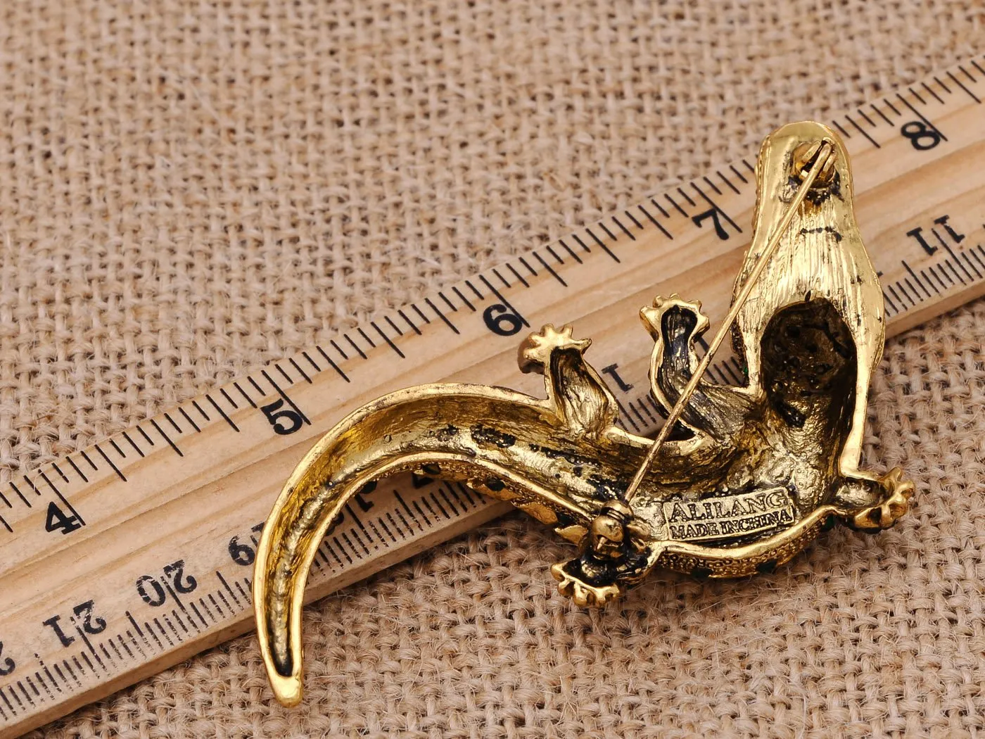 Alilang Yellow Golden Tone Green Rhinestones Alligator Crocodile Brooch Pin