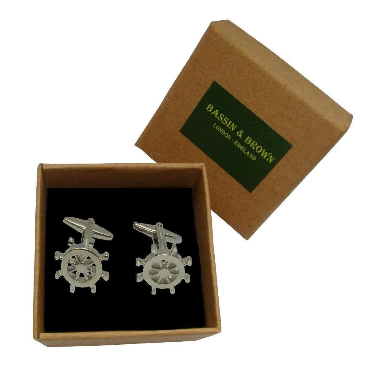 Bassin and Brown Ship Steering Wheel Cufflinks - Silver